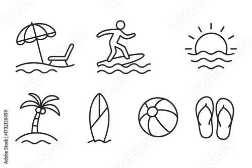 Summer beach vacation icon set. Minimalistic thin line art collection. Surfing, palm tree, surfboard, umbrella, flip flops, sun, sea waves. Linear outline travel symbols.