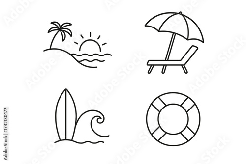 Beach summer vacation thin line icon set. Vector collection for travel and holiday design. Includes island, palm tree, sun, wave, surfboard, beach chair, umbrella, lifebuoy.