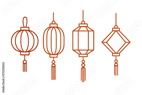 Chinese lanterns set line art icon. Traditional Asian lamp collection for Chinese New Year. Minimalistic outline vector illustration. Japan festival light graphic element symbol.