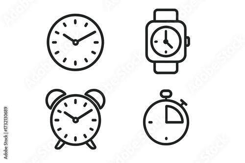 Clock, smart watch, alarm clock, timer line icon collection. Outline signs for graphic and web design. Time management, schedule, deadline concept. Vector pictogram set.
