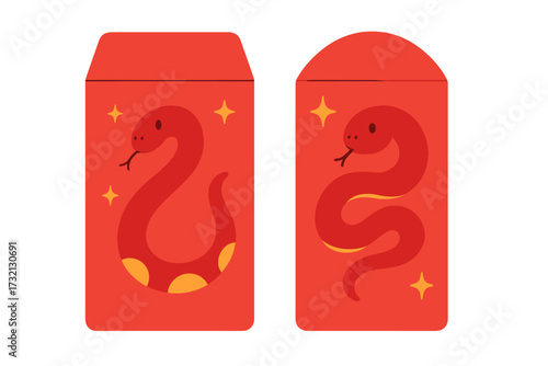 Chinese new year 2026 year of the snake. Cute cartoon snake on a red envelope lucky money pocket. Angpao lai see packet design for holiday gift. Vector zodiac illustration.