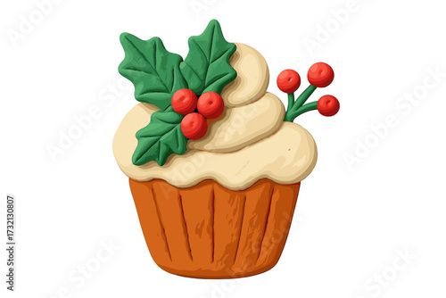 Christmas cupcake with holly berries. Cute festive holiday dessert in 3D plasticine style. Winter celebration sweet food. Naive childish claymation toy vector illustration.