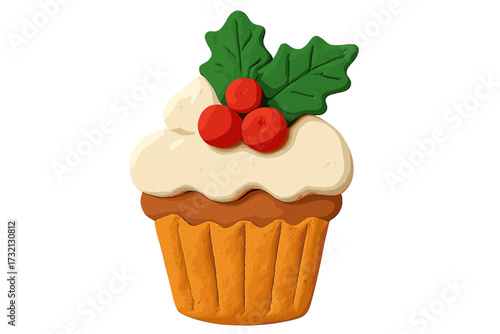 Christmas cupcake with holly florals, a clay element in a naive childish style. Isolated raster plasticine toy. Sweet winter dessert, festive muffin for holiday cartoon design.