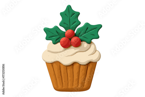Christmas cupcake with holly berry decoration. Festive winter holiday dessert food. 3D plasticine claymation illustration in naive childish cartoon style. Isolated sweet muffin.