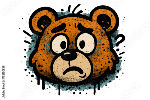 Confused cute bear toy face in urban graffiti style. Sad cartoon character with question mark. Spray textured vector graphic design for t-shirt. Street art illustration.