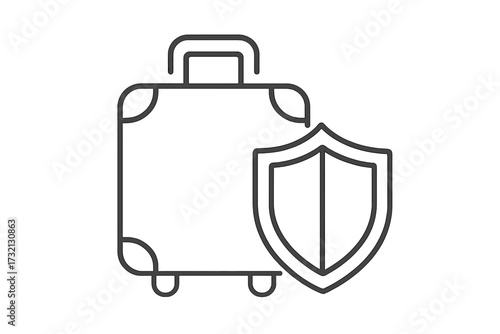 Travel insurance concept. Luggage protection and baggage security icon. Suitcase with shield symbol. Safe vacation and trip guarantee. Vector line art illustration.