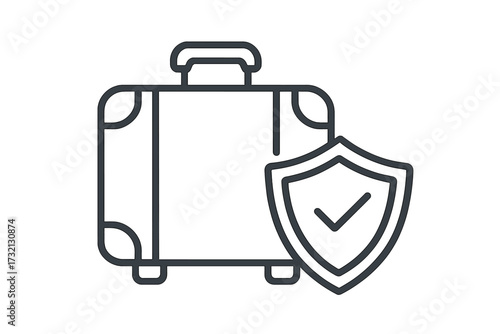 Travel insurance concept. Luggage protection and baggage security symbol. Suitcase with a shield and check mark. Safe journey and protected trip icon. Vector line illustration.