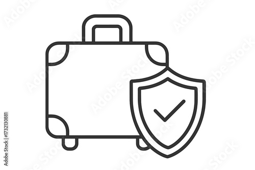 Travel insurance concept with luggage and shield. Baggage protection and security symbol. Suitcase with checkmark icon for safe journey guarantee. Vector line art illustration.