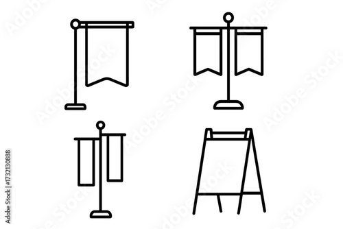 Advertising flag banner line icon set. Collection of outline signs like pennant and sandwich board. Vector symbols for marketing, promotion, display, web design, and apps.