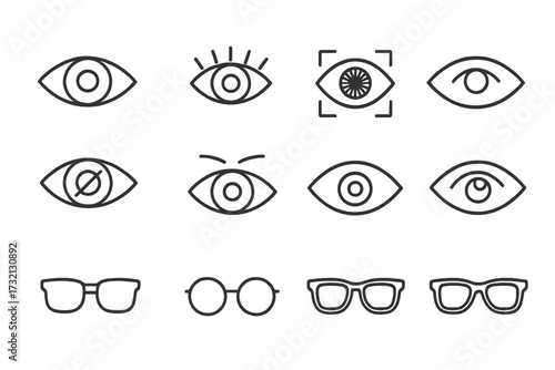 Eye and glasses thin line icon set. Vision, ophthalmology and optometry symbols. Outline icons for sight, look, biometric scan, eyewear and spectacles. Vector illustration.