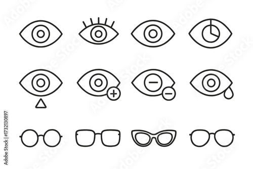 Eye and glasses thin line icon set. Vision, optometry and ophthalmology symbols. Eyewear, farsightedness, nearsightedness, crying and view concepts for web, UI, UX design.