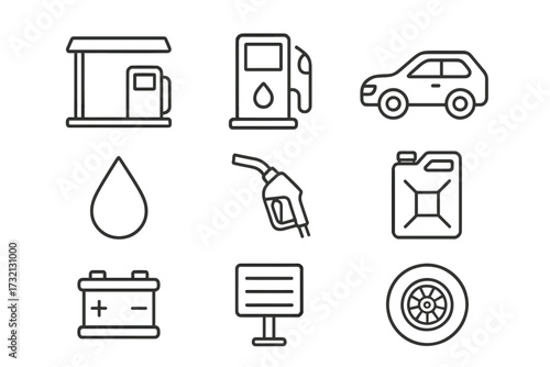 Gas station line icon set. Petrol pump, fuel nozzle, car service symbols. Editable stroke vector pictogram. Automotive, transport, oil, diesel, battery, wheel and canister icons.