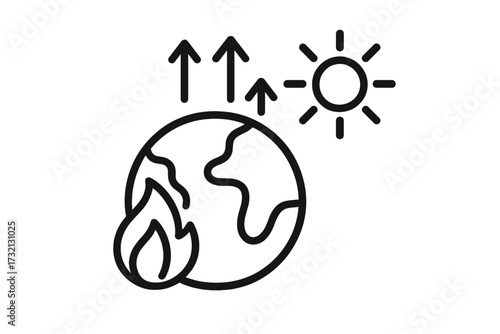 Global warming outline line icon. Climate change concept. Planet Earth on fire with heat rising to the sun. Greenhouse effect, ecology problem vector. Environmental disaster.