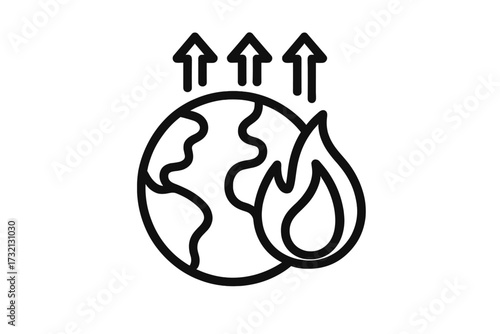 Global warming outline icon. Climate change concept. Planet earth on fire symbol with rising heat temperature arrows. Ecology crisis, environmental disaster, pollution sign vector.