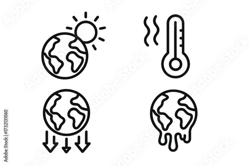 Global warming outline icon set. Climate change concept vector. Melting planet Earth. Environmental disaster metaphor. Ecology catastrophe. High temperature, sun heat, thermometer.