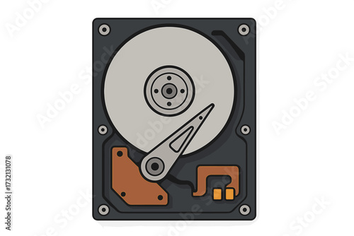 Hard disk drive internal computer component. Flat vector illustration of PC hardware equipment from top view. Data storage and memory concept. HDD device cartoon icon isolated.