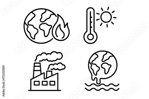Global warming and climate change icon set. Environmental pollution, factory CO2 emissions, planet fire, melting earth, rising sea levels, and high temperature thermometer line icons.