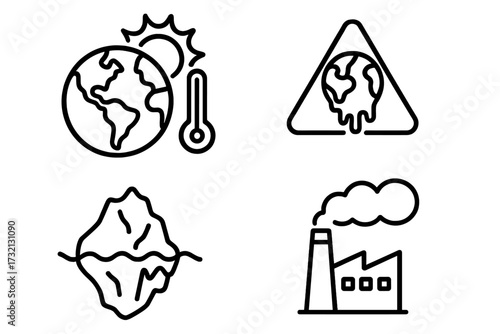 Global warming icon set. Climate change concept. Vector outline symbols of melting planet earth, factory pollution, high temperature, iceberg. Environmental disaster illustration.