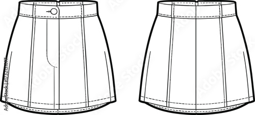 High waist A-line mini skirt flat fashion sketch with front button closure and structured seam detailing illustration