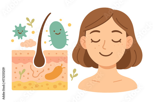 Skin microbiome concept with good bacteria for healthy face. Normal microflora, probiotics for skincare. Dermatology illustration of skin layers, hair follicle, and woman.