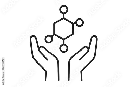 Hands holding molecule symbol. Science and care concept. Chemistry, biology, research, and innovation icon. Vector line art for web, logo, apps, medicine, and technology.