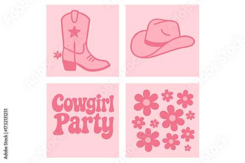 Cowgirl party vector set. Western groovy retro aesthetic. Pink cowgirl boots, hat, flowers and lettering. Girly bachelorette or birthday design elements. 70s y2k style.