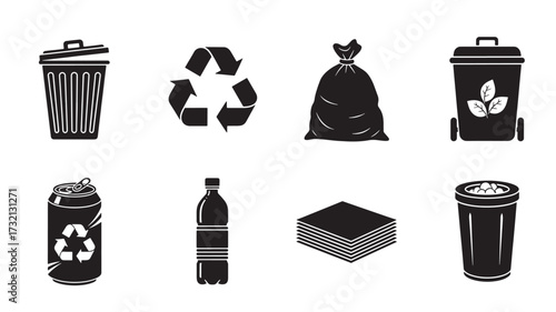 Set of recycling and waste management icons simple glyph vector symbols for environmental awareness isolated on white background