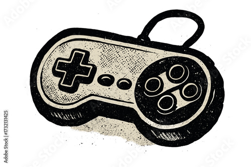 Retro gamepad in a vintage halftone poster style. Grunge punk cutout shape. Old video game controller for console gaming. Nostalgic gamer hobby. Vector cartoon illustration.