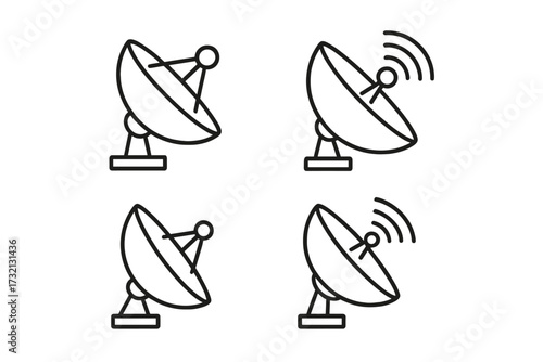 Satellite dish line icon set. Communication technology concept. Antenna for signal transmission, broadcast pictogram. Radar, telecommunication symbol. Editable stroke vector for app.