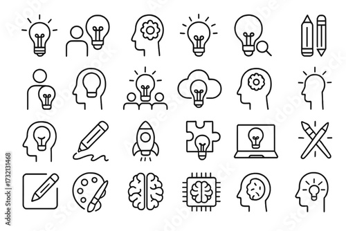Creativity and idea line icon set. Brainstorming, innovation, and solution finding concepts. Creative thinking, mind, inspiration, startup, strategy, and imagination symbols.
