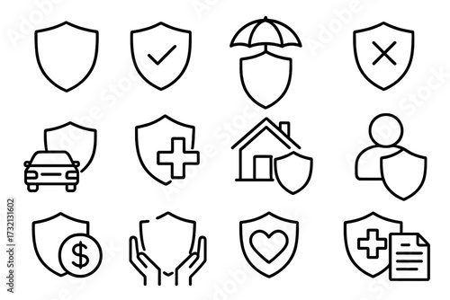 Big set of insurance and shield related line icons. Protection and security concept. Car, home, health, life, financial safety. Vector outline signs for web and graphic design.
