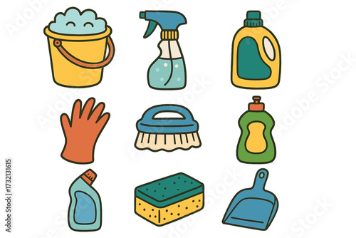 Household cleaning supplies icon set. Hand-drawn flat vector illustrations of washing tools. Housekeeping equipment like bucket, detergent, spray, sponge, brush, and gloves.