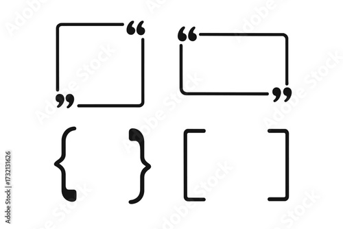 Set of text brackets and quote box frames. Quotation mark icon for comments, testimonials, and dialogue. Brackets for citation, messages or statements. Vector illustration.