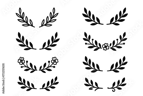 Set of black laurels branches. Flower ornament dividers collection. Vintage laurel wreaths. Hand drawn vector laurel leaves decorative elements. Leaves swirls for award design.
