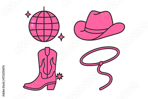 Set of pink cowgirl accessories for a disco party. Western vector icons including cowboy hat, boot, lasso, and a disco ball. Rodeo fashion illustration in a trendy barbiecore style.