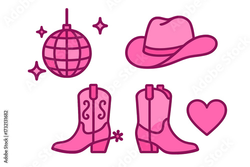 Set of pink cowgirl icons. Western disco party elements. Barbiecore fashion concept with cowboy hat, boots, disco ball, and heart. Girly rodeo vector graphics collection.