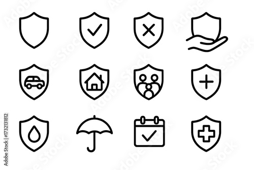 Shield and insurance line icon set. Protection and security symbols for family, car, home, and health insurance. Vector outline pictogram collection for web and app design.