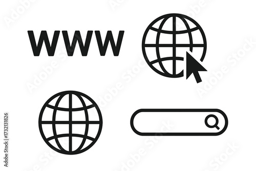 Set of internet icons. WWW, globe, and search bar elements. Globe with cursor icon, browser address bar, online search. World wide web concept. Website symbol collection.