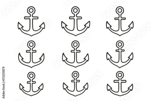 Anchor line icon set. Nautical symbols for graphic and web design. Marine outline signs for apps, logos. Simple ship boat vector pictogram collection isolated on white.