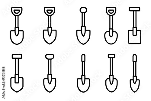 Shovel and spade line icon set. Outline vector symbols for digging, gardening, and construction. Minimalist pictogram collection for UI, UX, web design and apps.