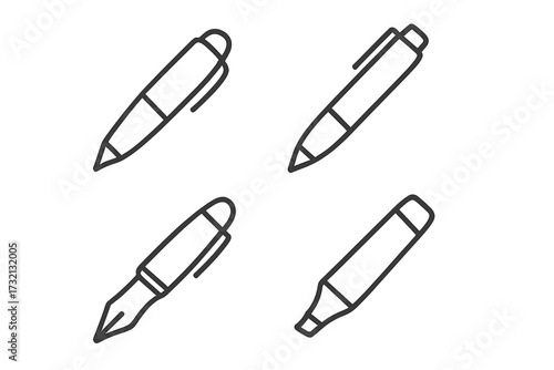 Pen icon set with various writing tools. Thin line art collection of ballpoint pen, fountain pen, marker and highlighter. Editable stroke vector graphic for web and apps.