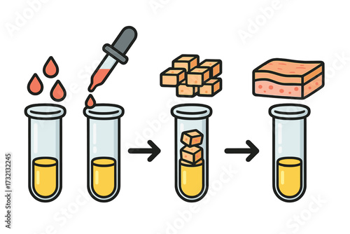Process of creating artificial skin in test tube. Biotechnology and tissue engineering concept. Skin regeneration, cell culture, synthetic epidermis. Medical laboratory research vector.