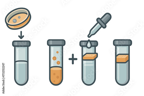 Process of creating artificial skin in test tubes. Tissue engineering and regenerative medicine concept. Biotechnology lab experiment with cell culture. Vector illustration set.