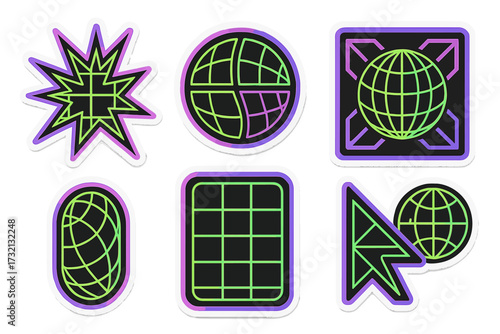 Set of Y2K brutalist style stickers. Techno streetwear print design with neon grid, abstract globe icons. Vector collection of retro futuristic geometric shapes for rave culture.