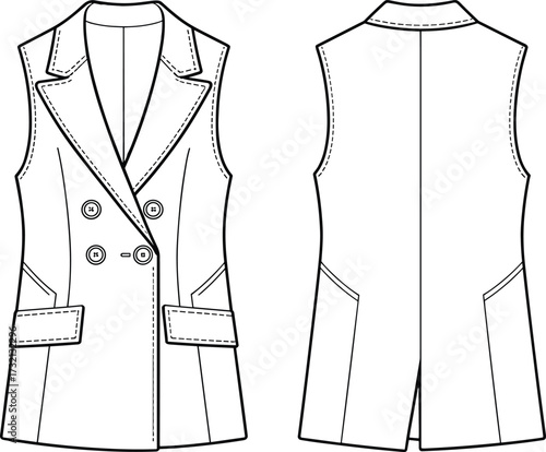 Sleeveless double breasted women’s blazer vest fashion technical flat sketch, front and back view garment illustration template
