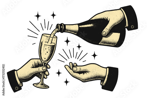 Vintage New Year party poster concept. Hands pouring champagne from bottle to glass. Retro halftone collage style illustration for holiday celebration, luxury event or invitation.