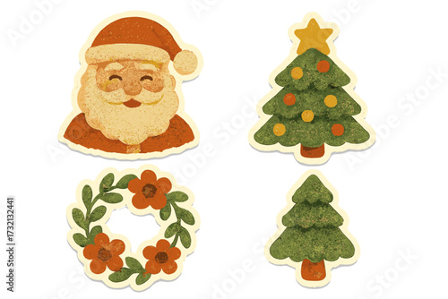 Retro Christmas sticker pack. Santa Claus head, festive tree, and holiday wreath vector set. Vintage naive illustration with halftone dotted texture and torn paper cutout effect.