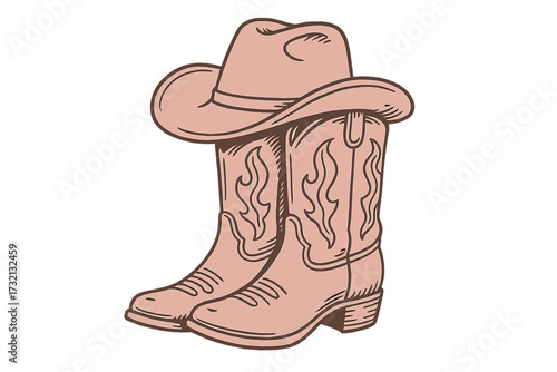 Western cowgirl boots and cowboy hat vector illustration. Hand-drawn vintage concept for country music, rodeo, or wild west theme. Retro 60s style graphic isolated.