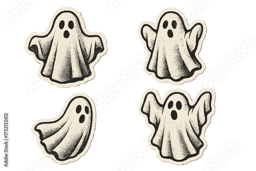 White sheet ghost sticker set for Halloween. Halftone mixed media collage paper effect. Dotted vintage illustration in 90s zine style. Spooky horror cartoon character pack.
