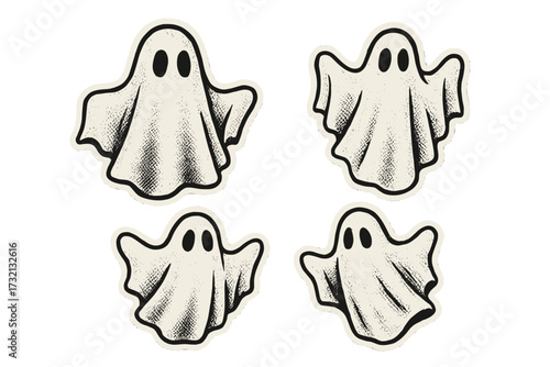 Vintage Halloween ghost sticker pack. Retro cartoon phantom characters with halftone dot texture. Spooky horror spirits in 90s zine collage style. Isolated vector art elements.